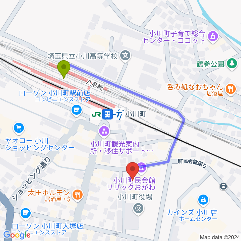 小川町民会館 リリックおがわの最寄駅小川町駅からの徒歩ルート（約4分）地図