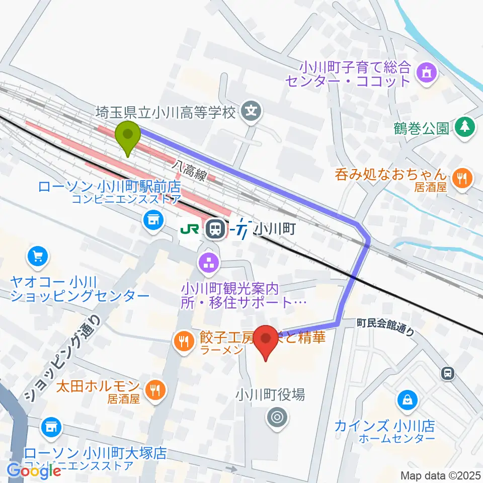 小川町民会館 リリックおがわの最寄駅小川町駅からの徒歩ルート（約4分）地図