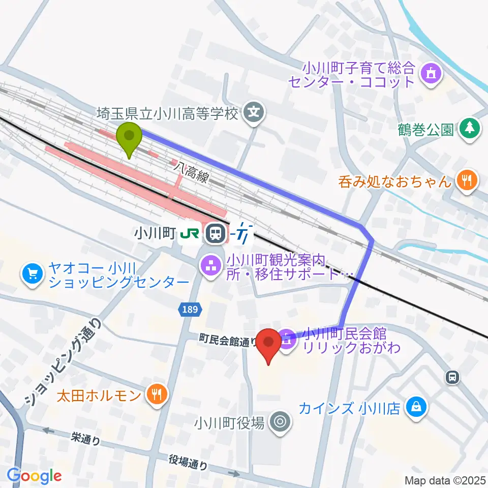 小川町民会館 リリックおがわの最寄駅小川町駅からの徒歩ルート（約4分）地図