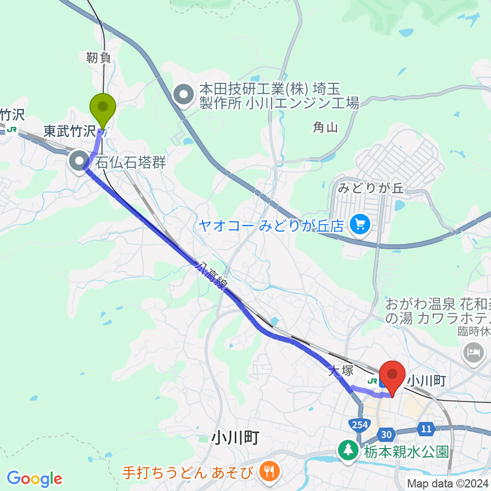 東武竹沢駅から小川町民会館 リリックおがわへのルートマップ地図