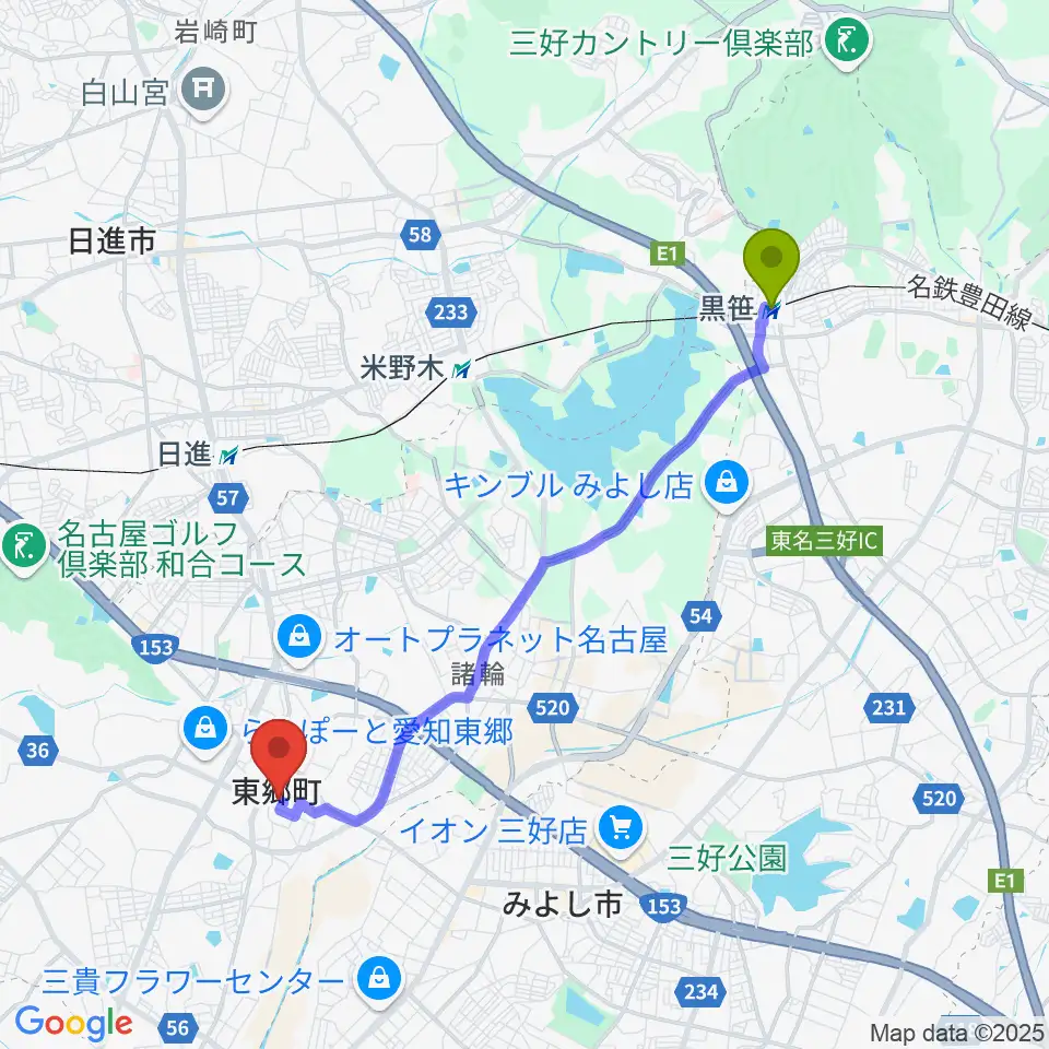 黒笹駅から東郷町民会館へのルートマップ地図
