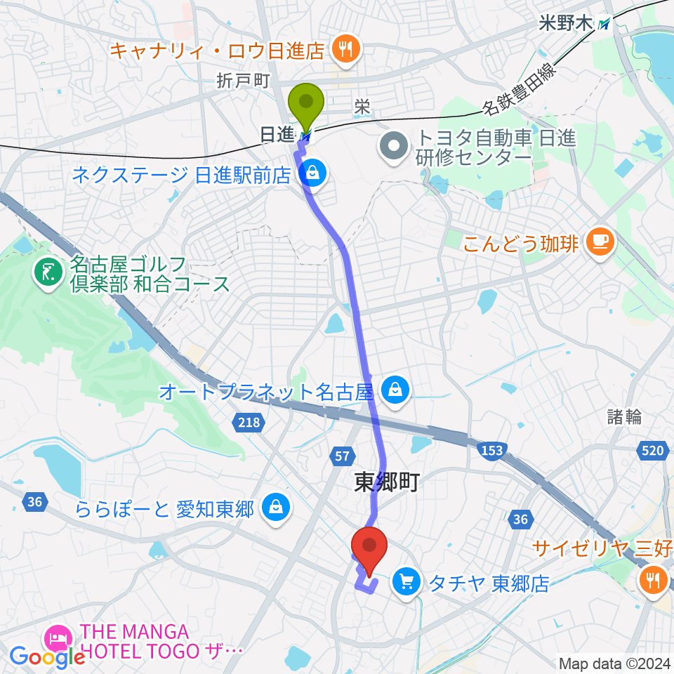 東郷町民会館の最寄駅日進駅からの徒歩ルート（約41分）地図