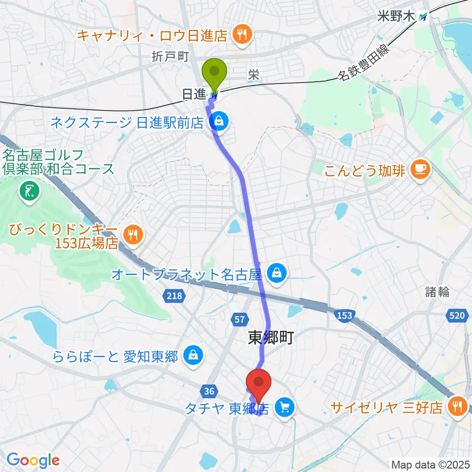 東郷町民会館の最寄駅日進駅からの徒歩ルート（約41分）地図