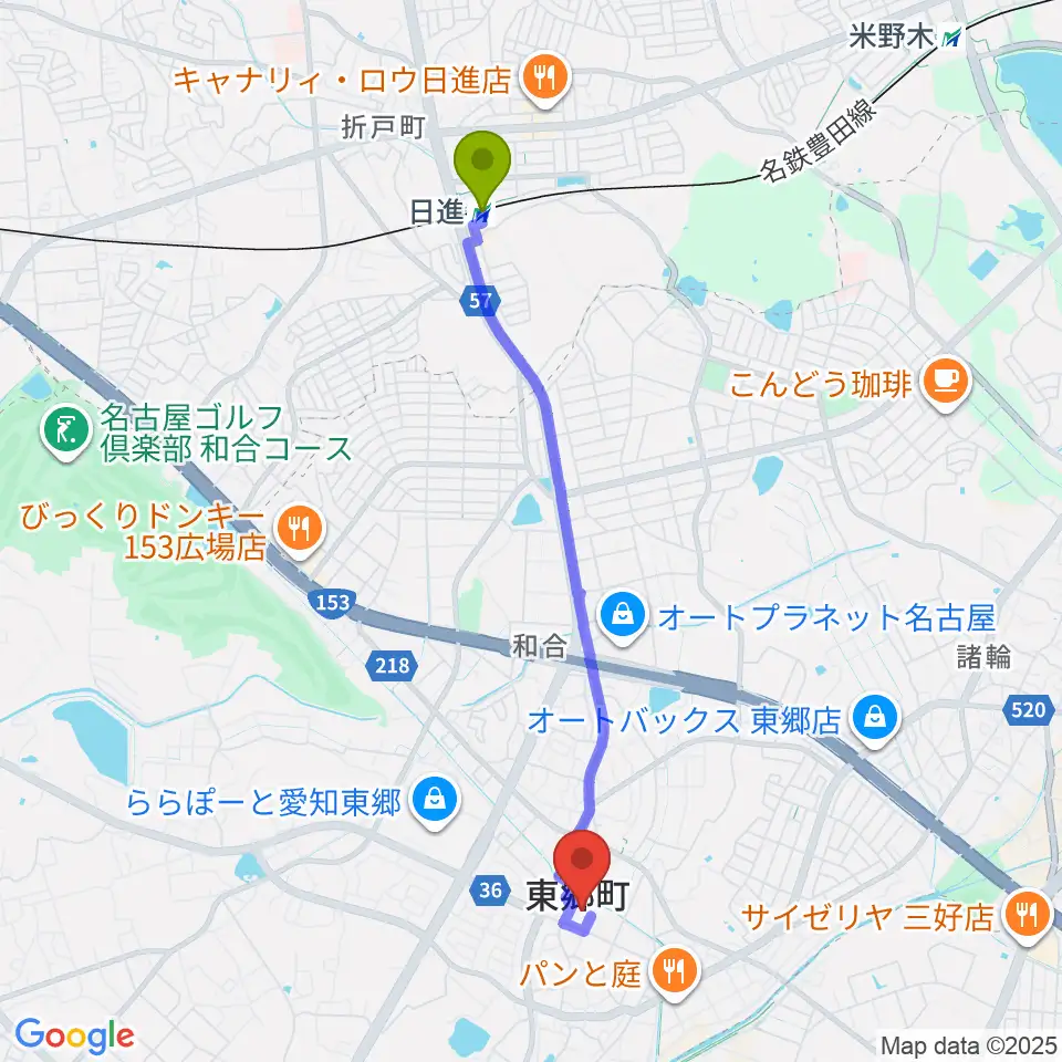 東郷町民会館の最寄駅日進駅からの徒歩ルート（約41分）地図