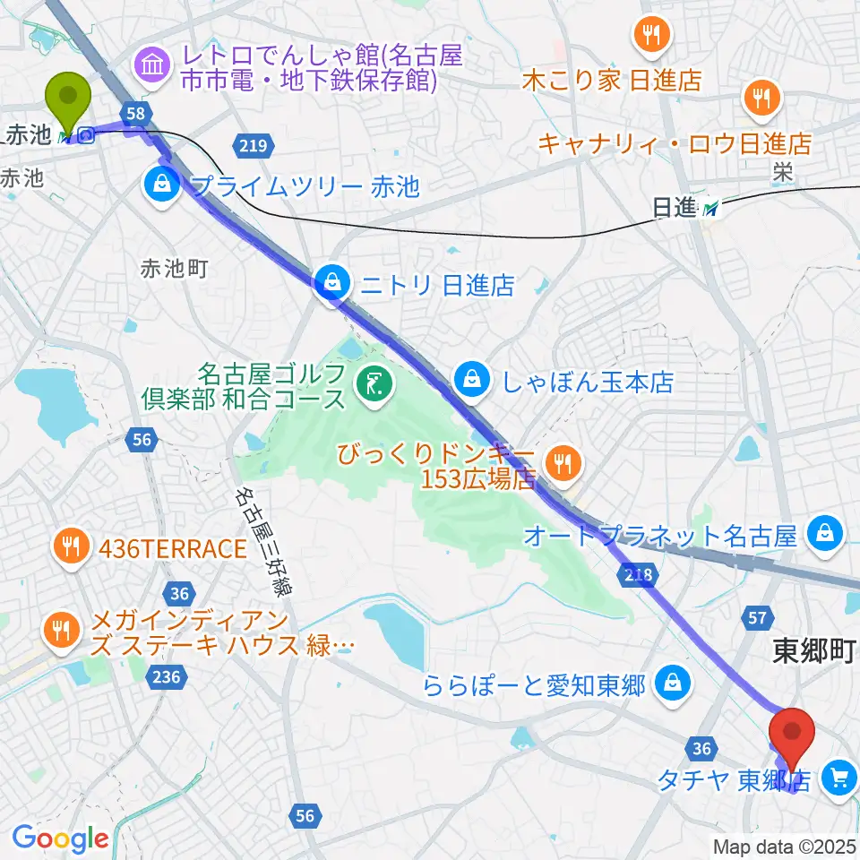 赤池駅から東郷町民会館へのルートマップ地図