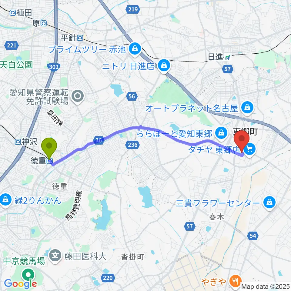 徳重駅から東郷町民会館へのルートマップ地図