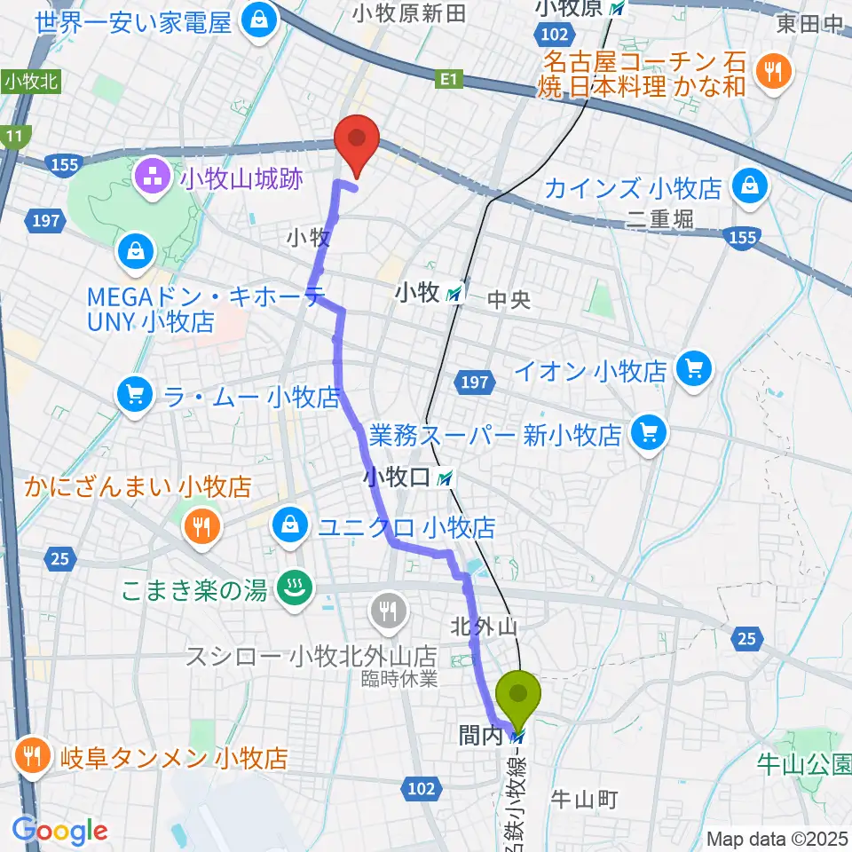 間内駅から小牧市市民会館へのルートマップ地図