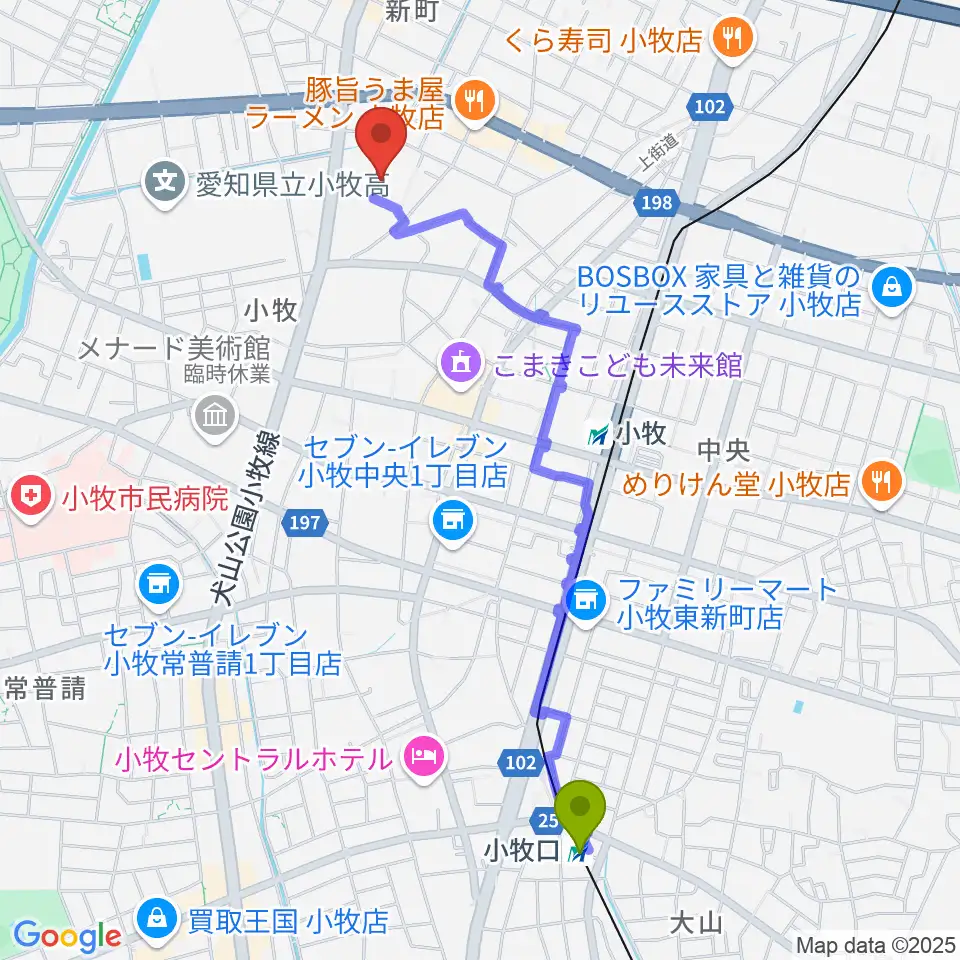 小牧市市民会館の最寄駅小牧口駅からの徒歩ルート（約23分）地図