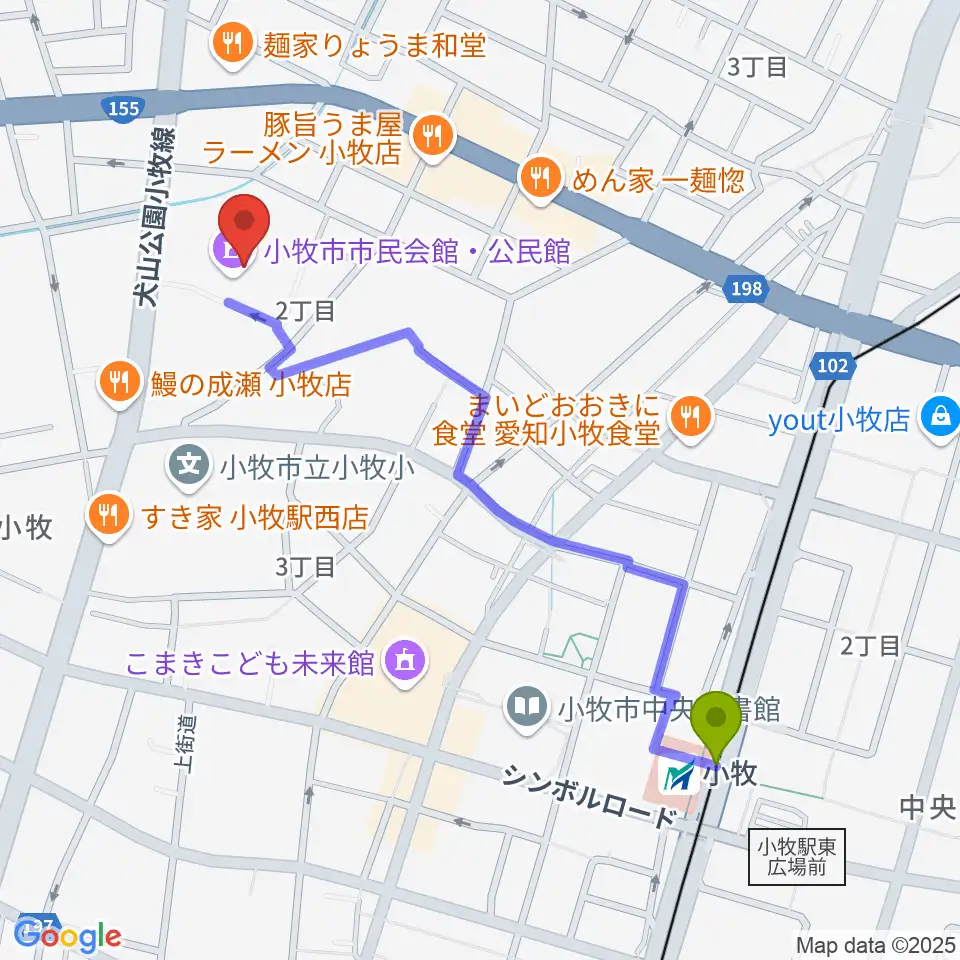 小牧駅から小牧市市民会館へのルートマップ地図