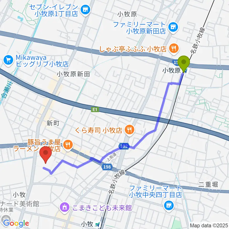 小牧原駅から小牧市市民会館へのルートマップ地図