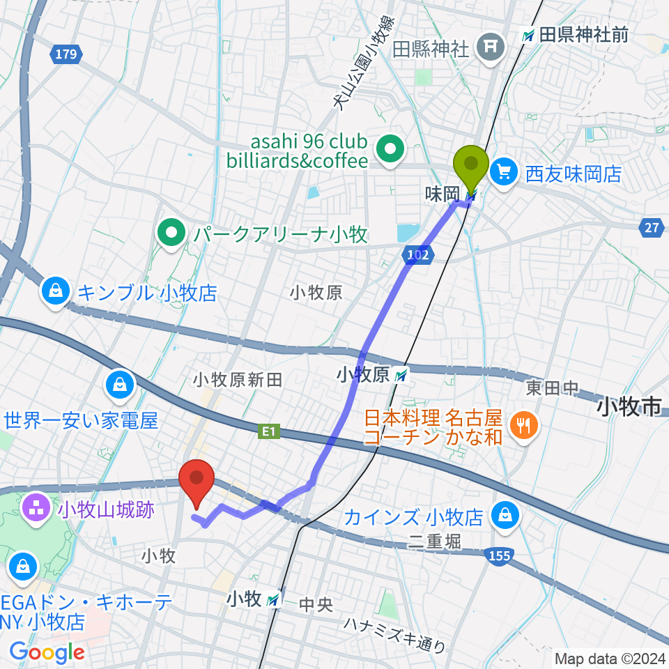 味岡駅から小牧市市民会館へのルートマップ地図