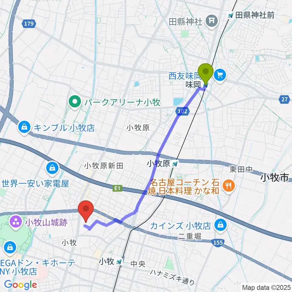 味岡駅から小牧市市民会館へのルートマップ地図