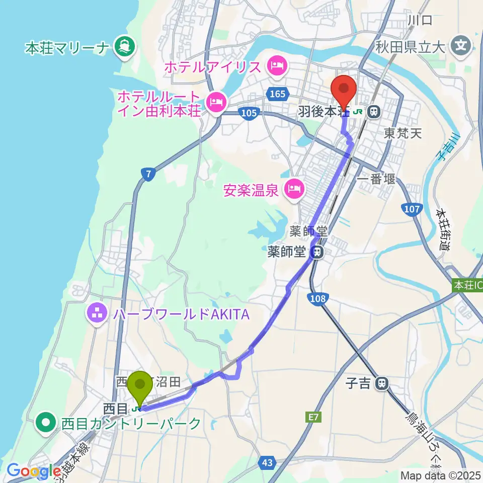 西目駅から由利本荘市文化交流館カダーレへのルートマップ地図