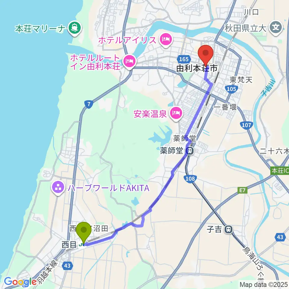 西目駅から由利本荘市文化交流館カダーレへのルートマップ地図