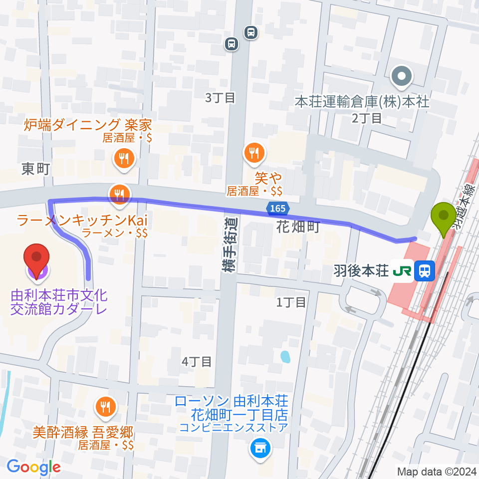 由利本荘市文化交流館カダーレの最寄駅羽後本荘駅からの徒歩ルート（約6分）地図