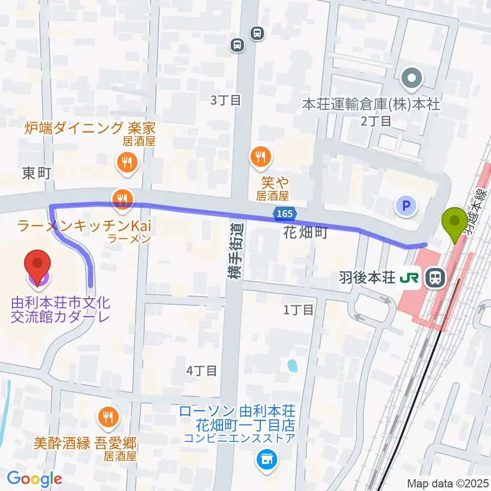 由利本荘市文化交流館カダーレの最寄駅羽後本荘駅からの徒歩ルート（約6分）地図