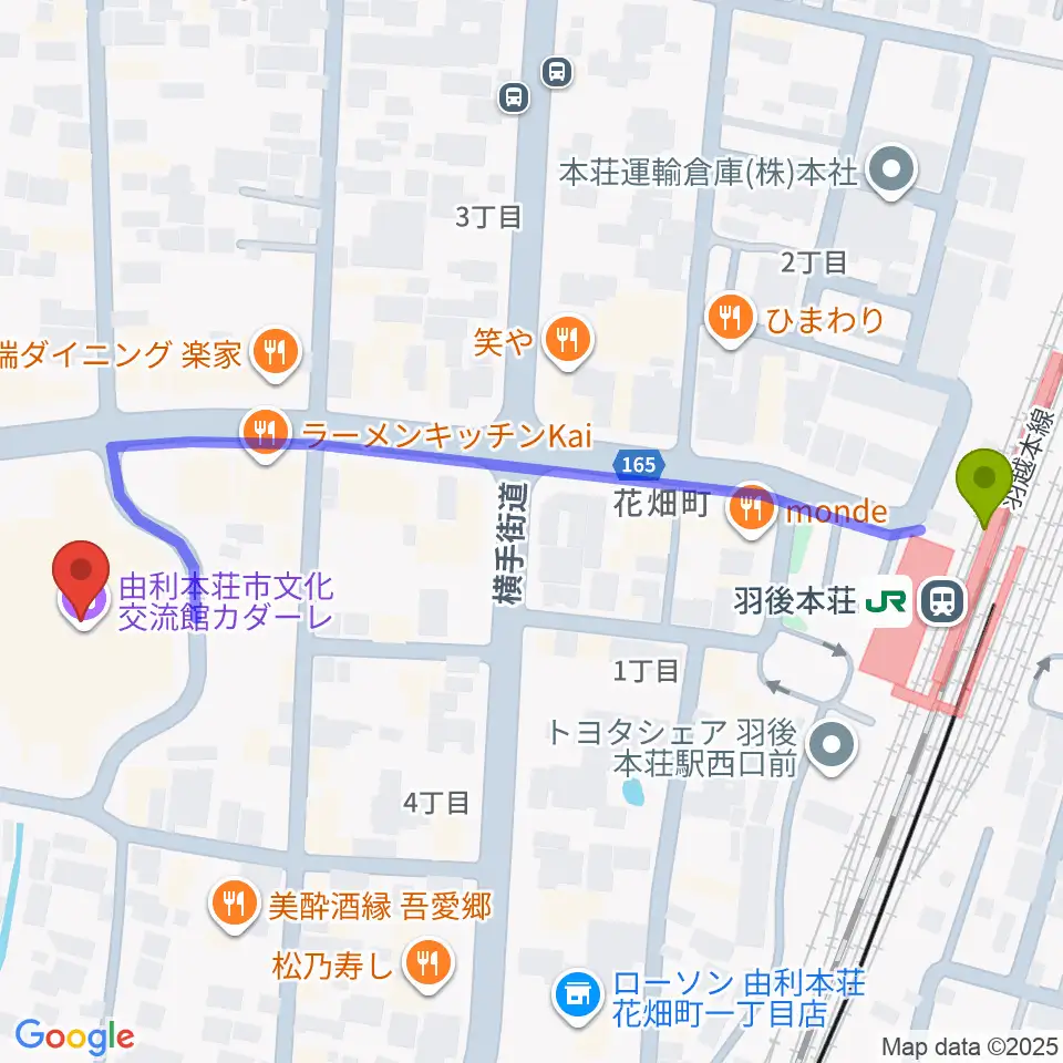 由利本荘市文化交流館カダーレの最寄駅羽後本荘駅からの徒歩ルート（約6分）地図