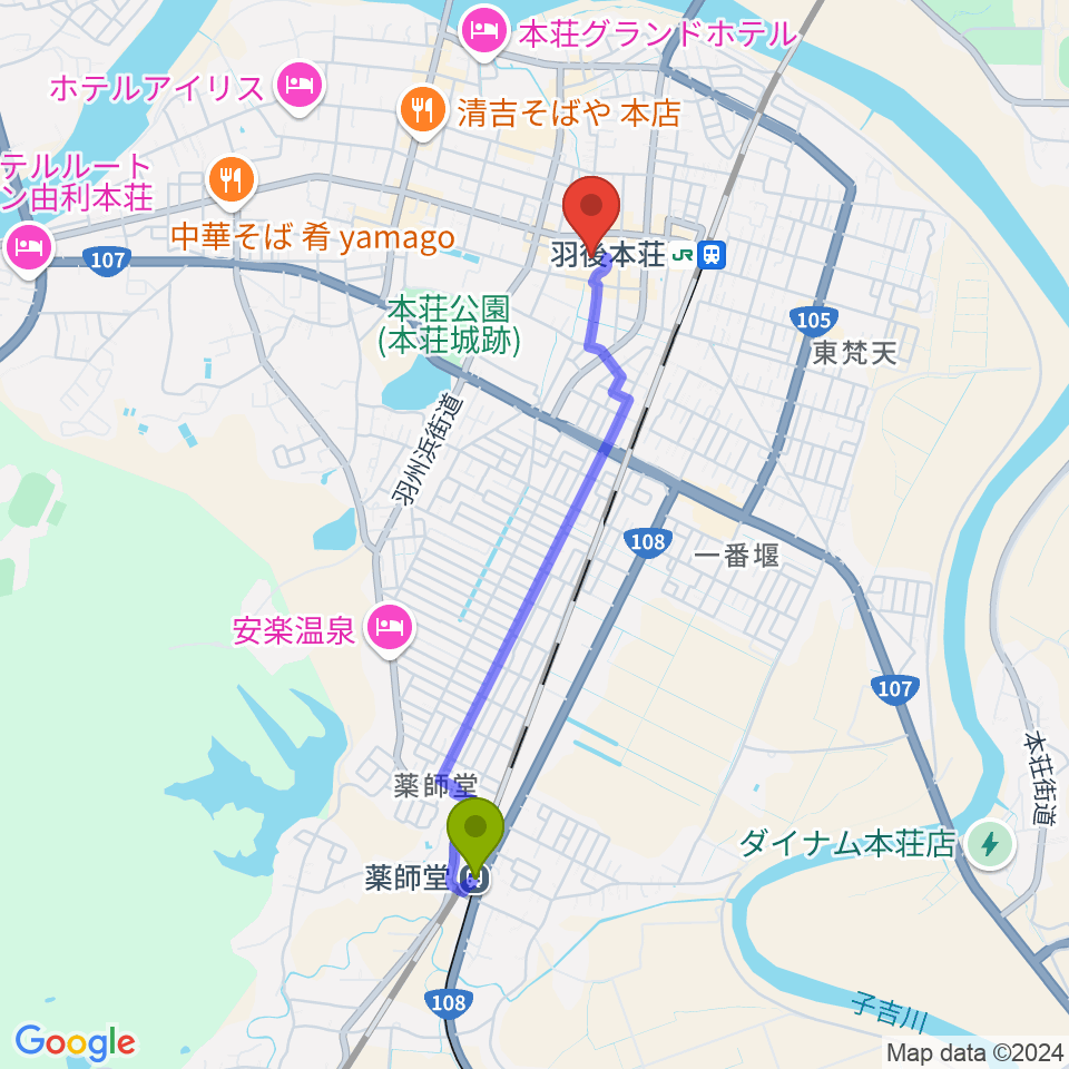 薬師堂駅から由利本荘市文化交流館カダーレへのルートマップ地図