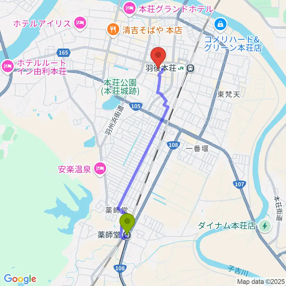 薬師堂駅から由利本荘市文化交流館カダーレへのルートマップ地図