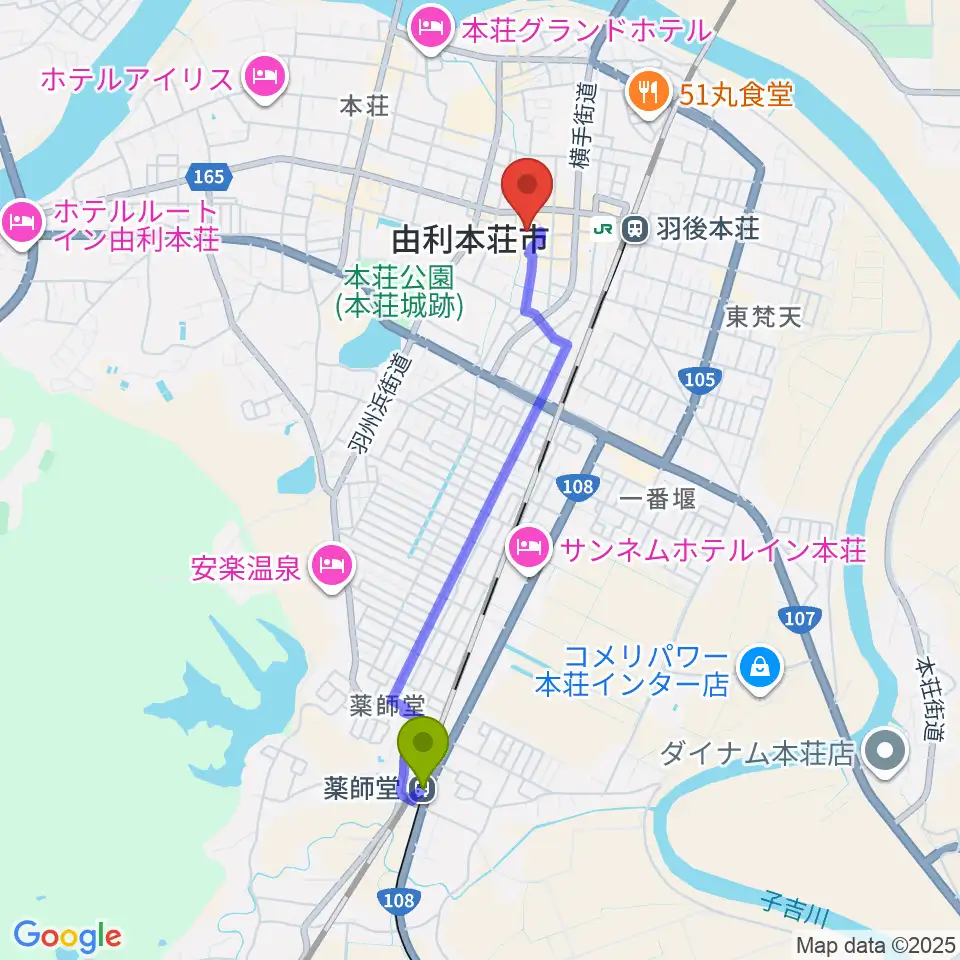 薬師堂駅から由利本荘市文化交流館カダーレへのルートマップ地図