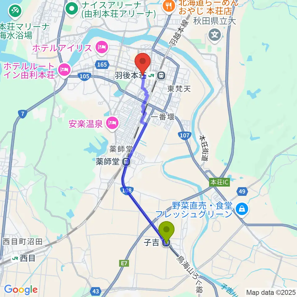 子吉駅から由利本荘市文化交流館カダーレへのルートマップ地図