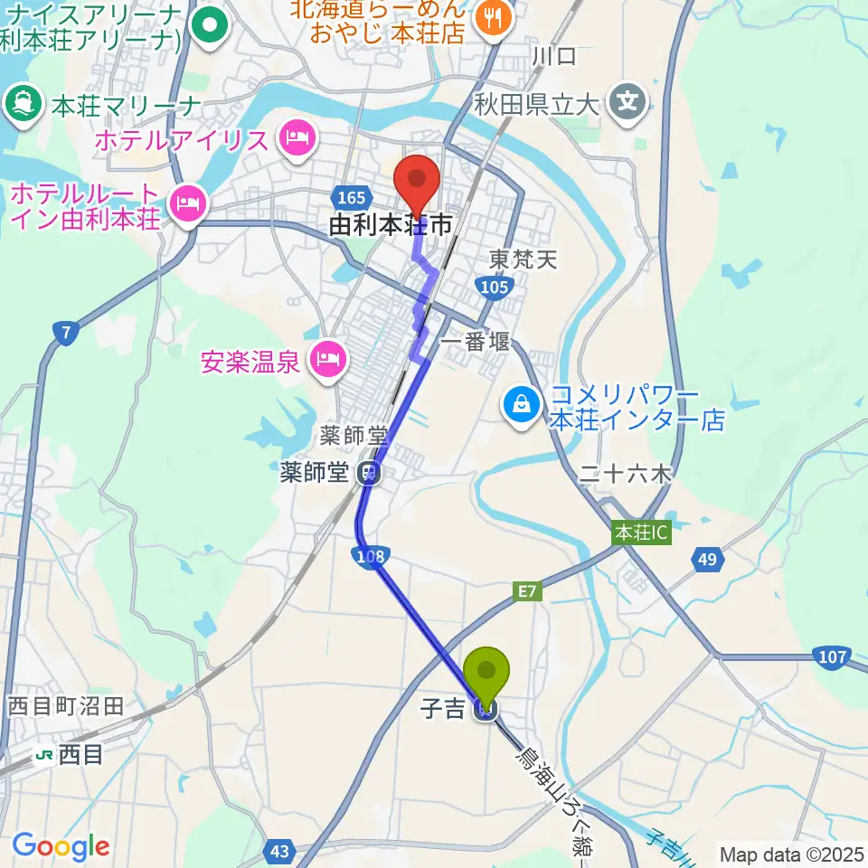 子吉駅から由利本荘市文化交流館カダーレへのルートマップ地図