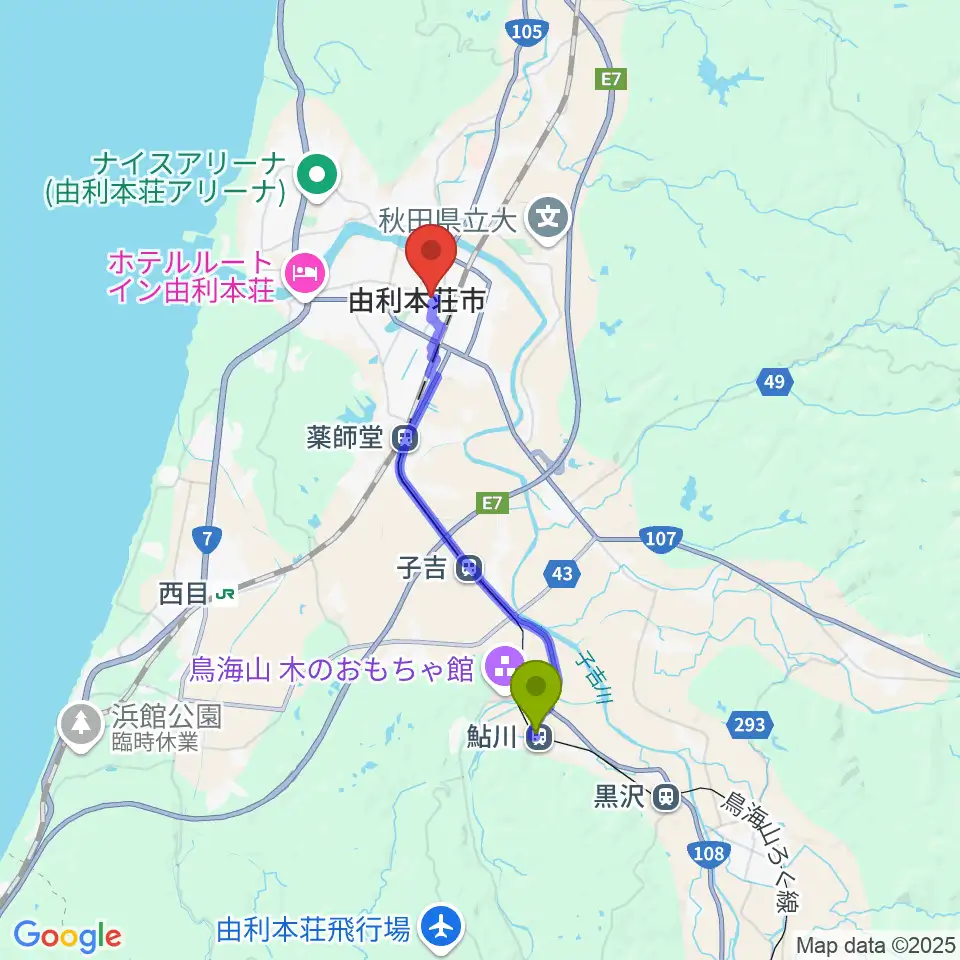 鮎川駅から由利本荘市文化交流館カダーレへのルートマップ地図