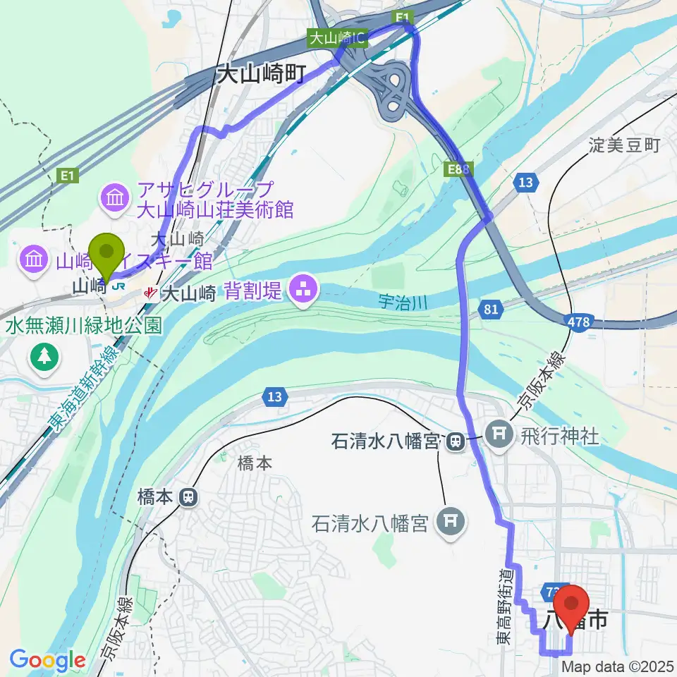 山崎駅から八幡市文化センターへのルートマップ地図