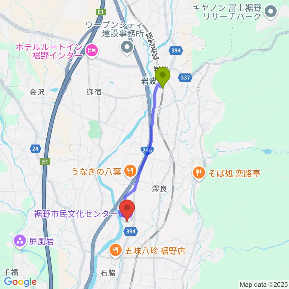 裾野市民文化センターの最寄駅岩波駅からの徒歩ルート（約30分）地図