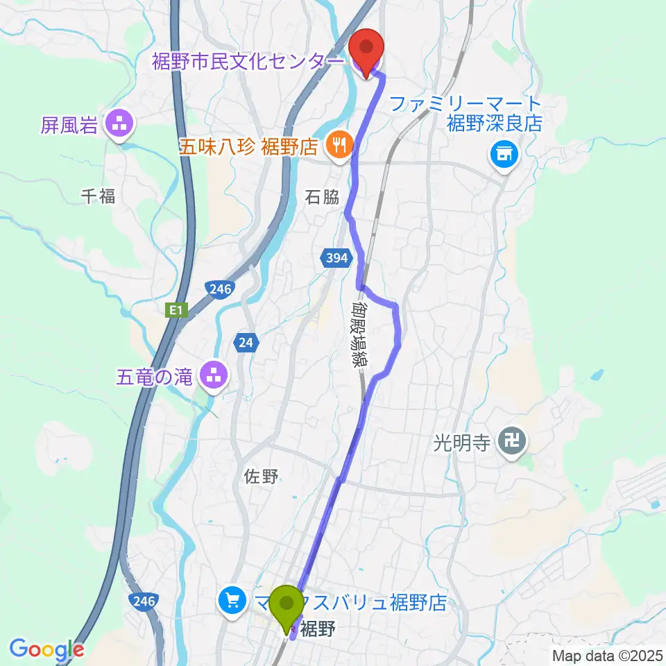 裾野駅から裾野市民文化センターへのルートマップ地図