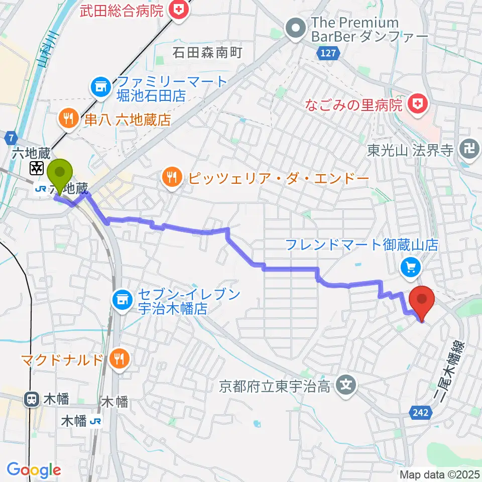 六地蔵駅から宇治市アンダンテピアノ教室へのルートマップ地図