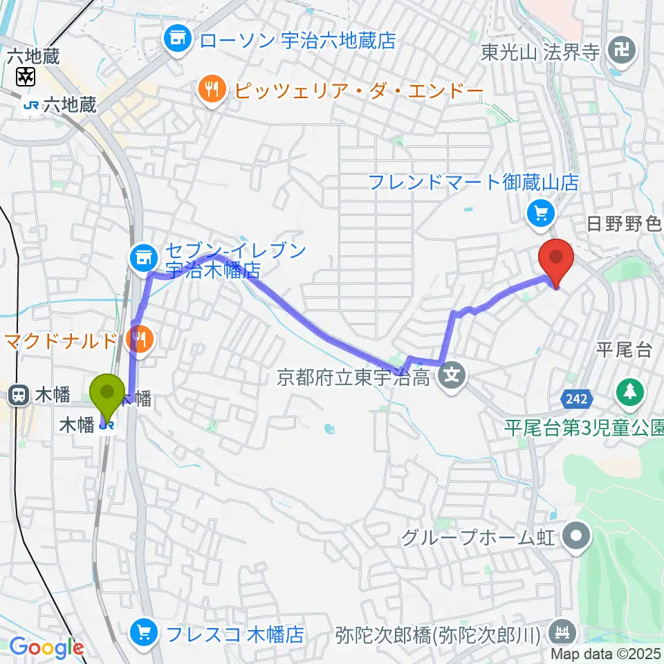 宇治市アンダンテピアノ教室の最寄駅木幡駅からの徒歩ルート（約22分）地図