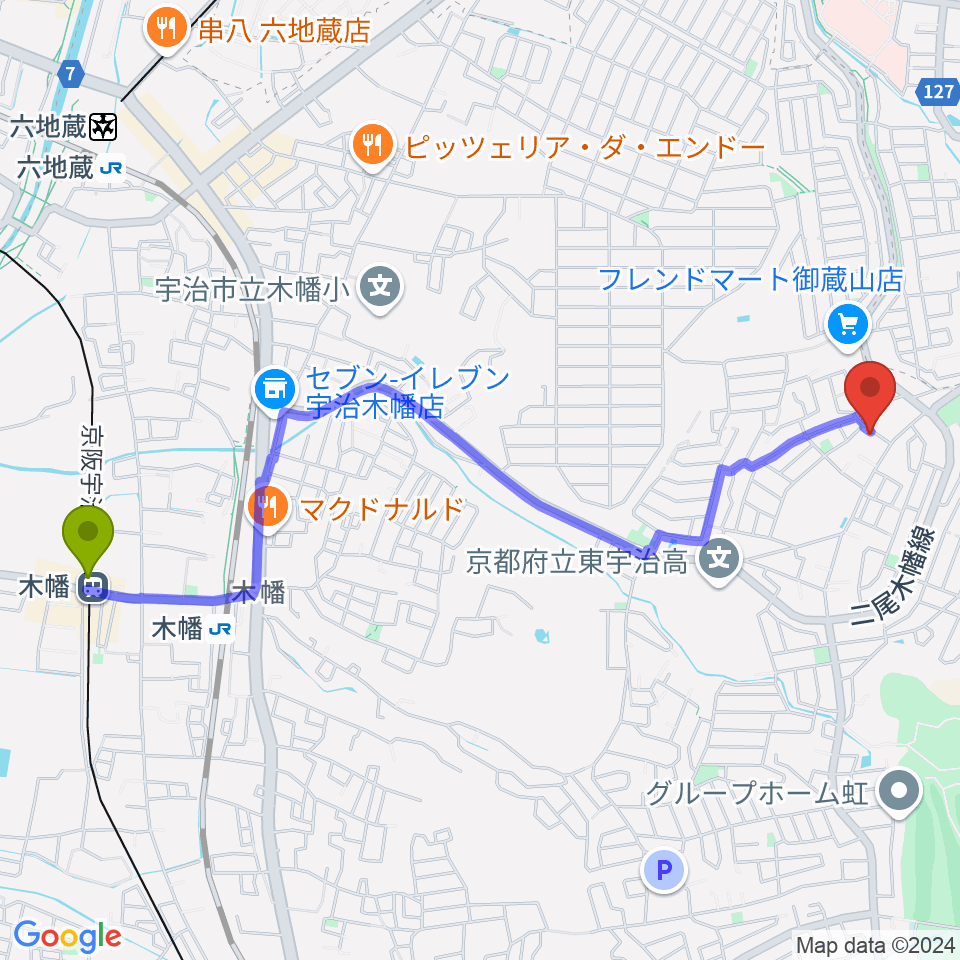 木幡駅から宇治市アンダンテピアノ教室へのルートマップ地図