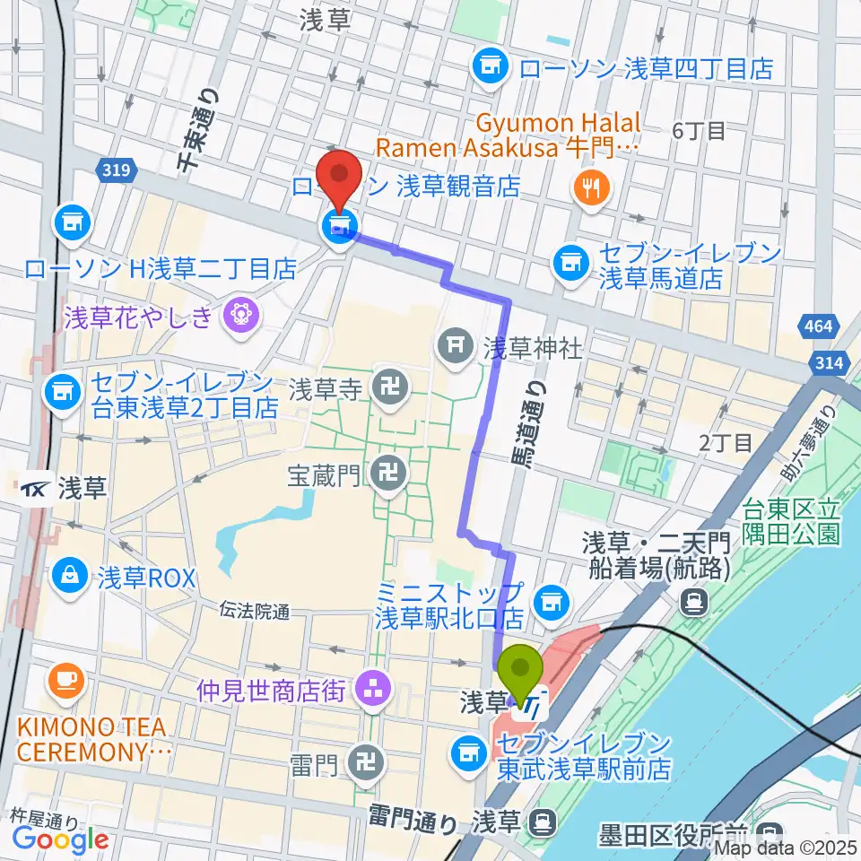 浅草駅から雷5656会館 ときわホールへのルートマップ地図
