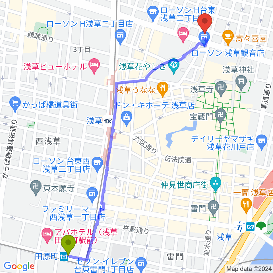 田原町駅から雷5656会館 ときわホールへのルートマップ地図