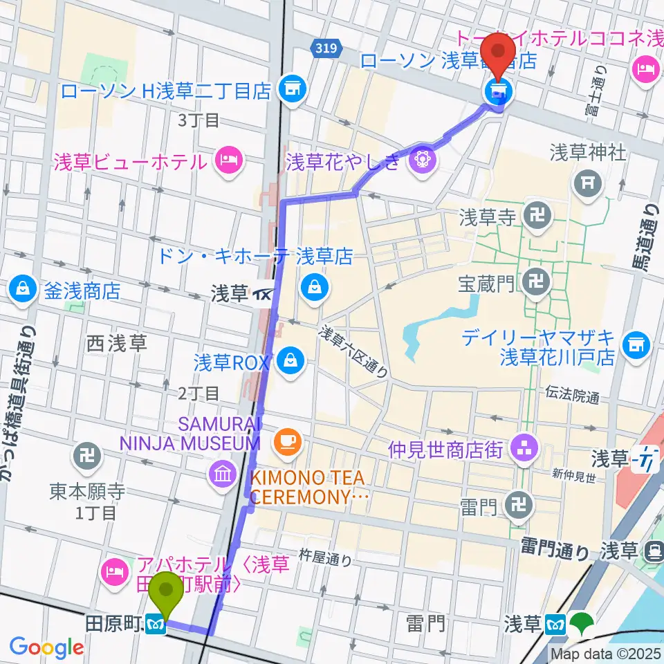 田原町駅から雷5656会館 ときわホールへのルートマップ地図