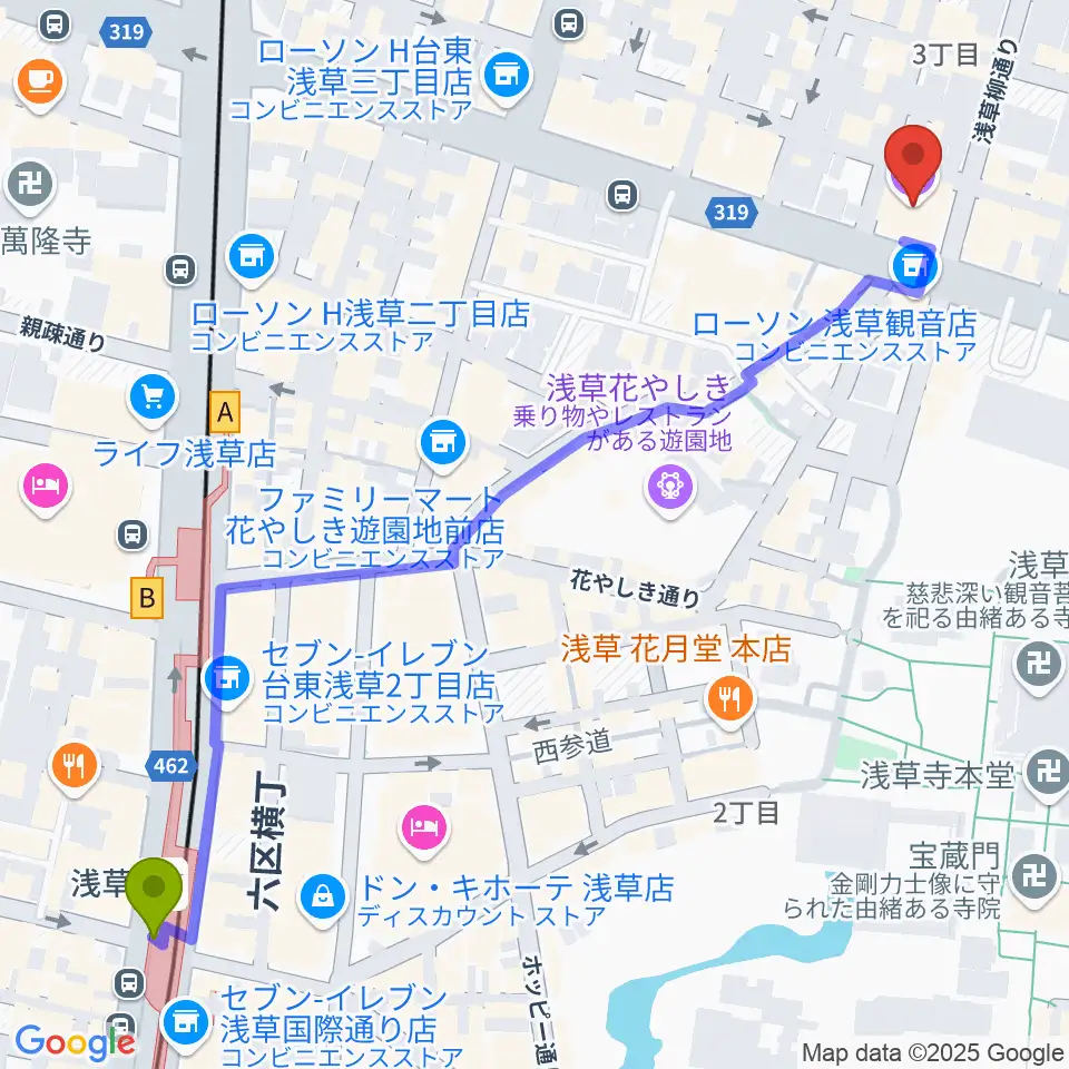 雷5656会館 ときわホールの最寄駅浅草駅からの徒歩ルート（約8分）地図