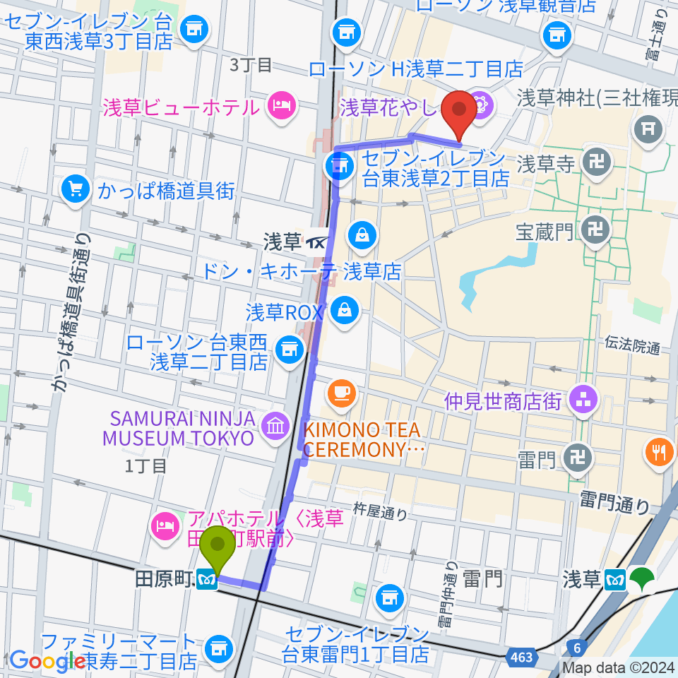 田原町駅から浅草花劇場へのルートマップ地図