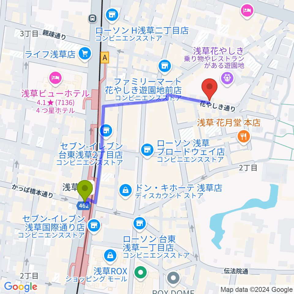 浅草花劇場の最寄駅浅草駅からの徒歩ルート（約4分）地図