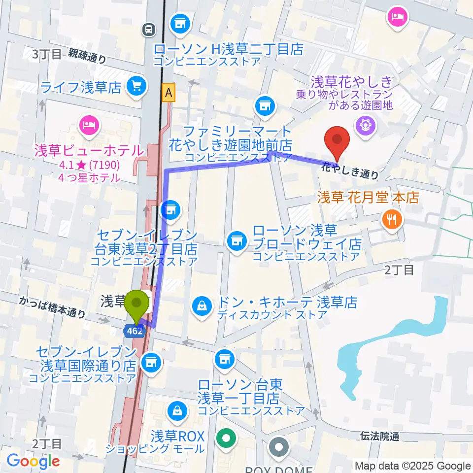 浅草花劇場の最寄駅浅草駅からの徒歩ルート（約4分）地図