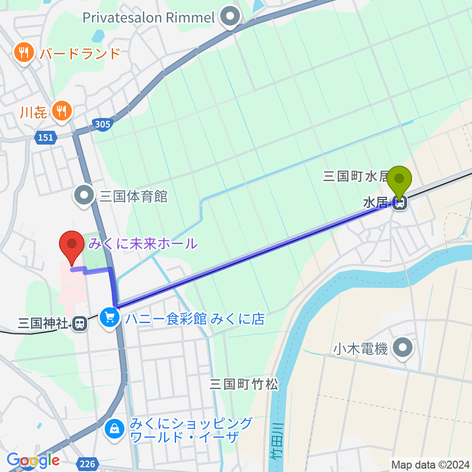 水居駅からみくに未来ホールへのルートマップ地図