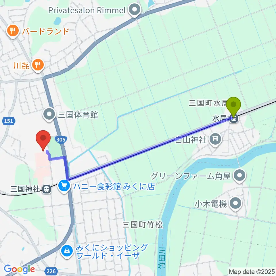 水居駅からみくに未来ホールへのルートマップ地図