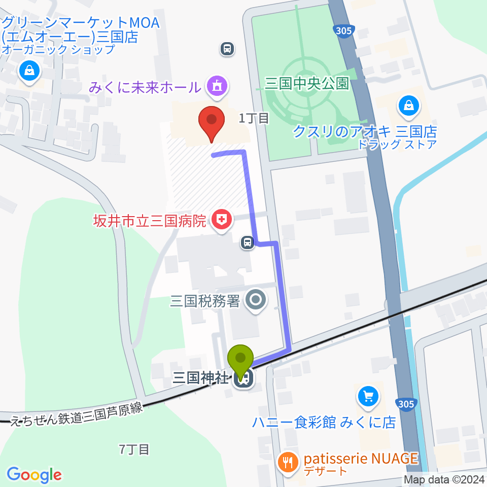 みくに未来ホールの最寄駅三国神社駅からの徒歩ルート（約4分）地図