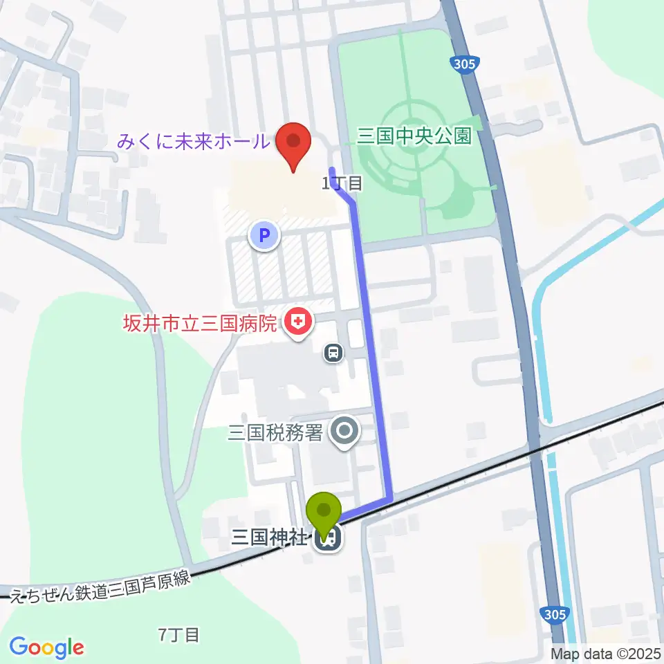 みくに未来ホールの最寄駅三国神社駅からの徒歩ルート（約4分）地図