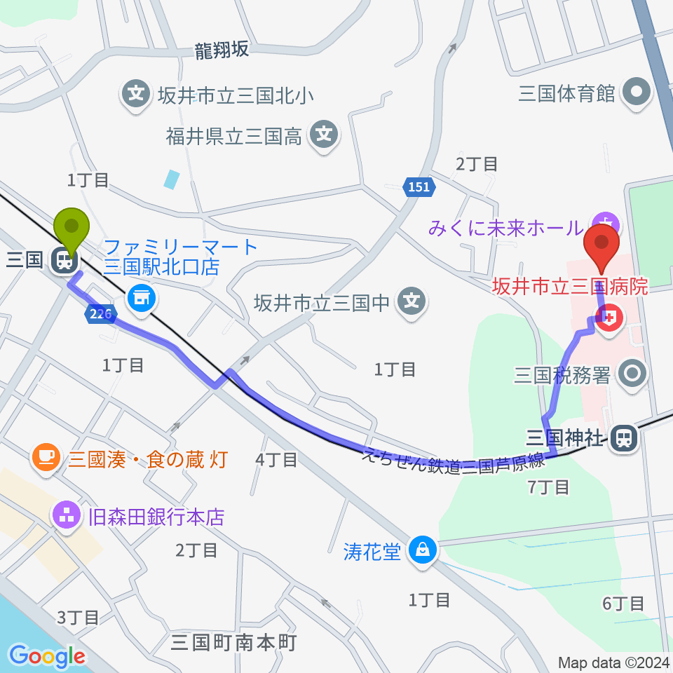 三国駅からみくに未来ホールへのルートマップ地図