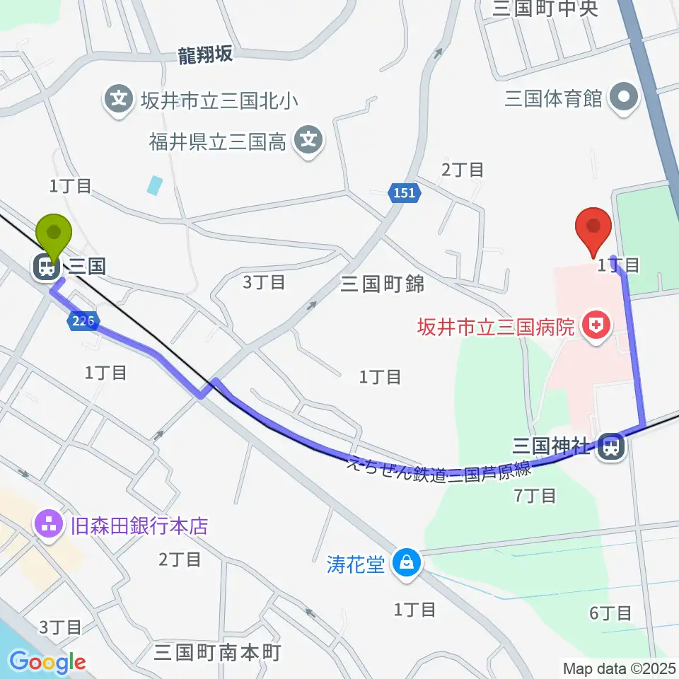 三国駅からみくに未来ホールへのルートマップ地図