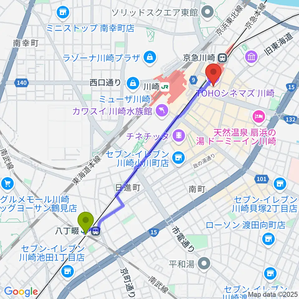 八丁畷駅からTOHOシネマズ川崎へのルートマップ地図