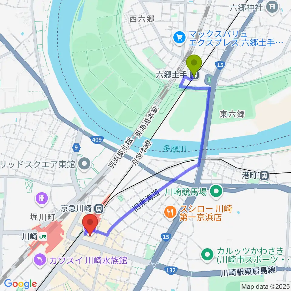 六郷土手駅からTOHOシネマズ川崎へのルートマップ地図