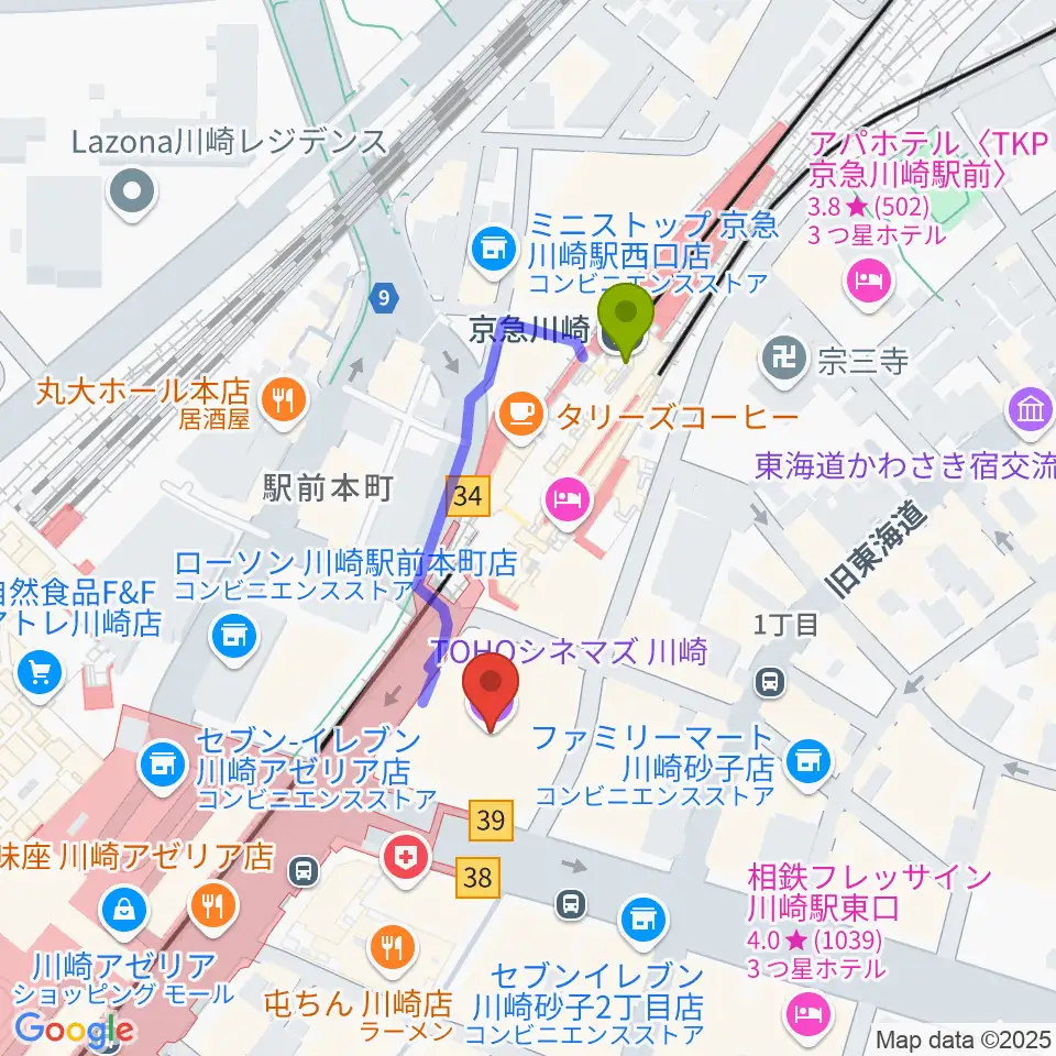 TOHOシネマズ川崎の最寄駅京急川崎駅からの徒歩ルート（約3分）地図