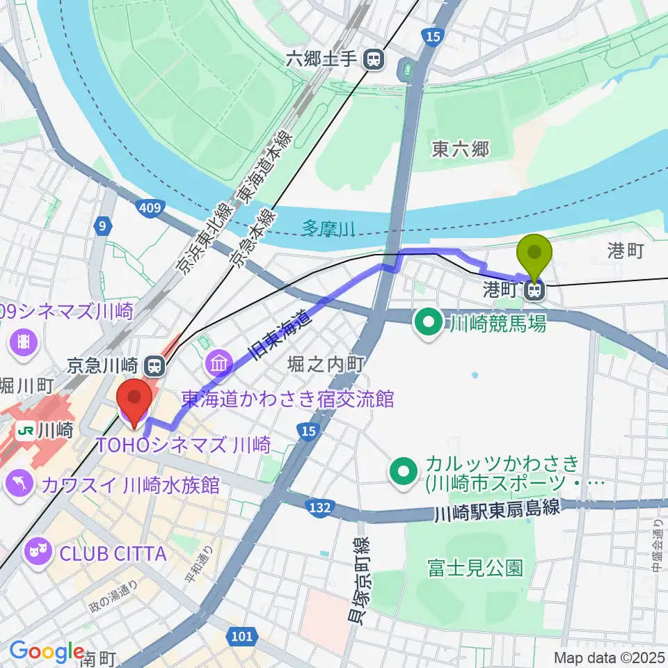 港町駅からTOHOシネマズ川崎へのルートマップ地図